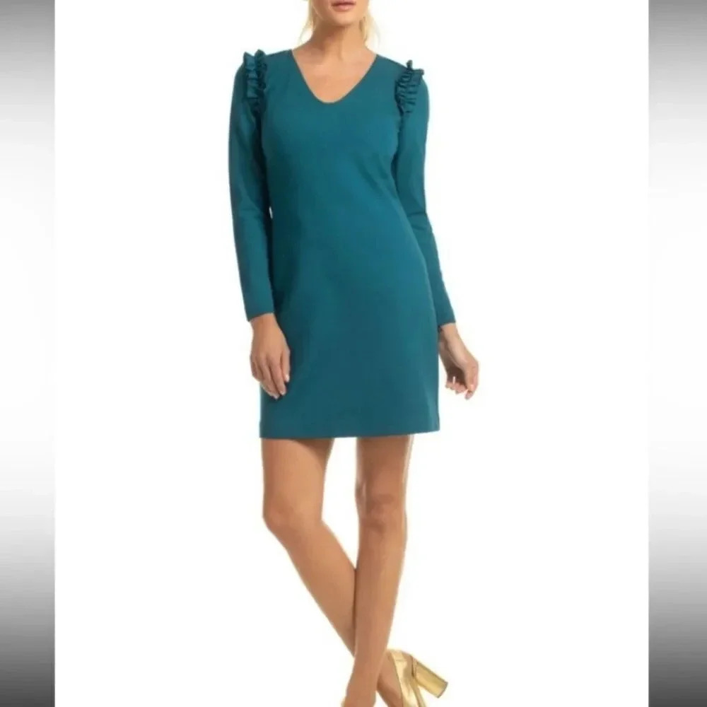 Trina Turk Eleanora Ruffle Dress Womens Size 0 Teal Long Sleeve Back Zipper